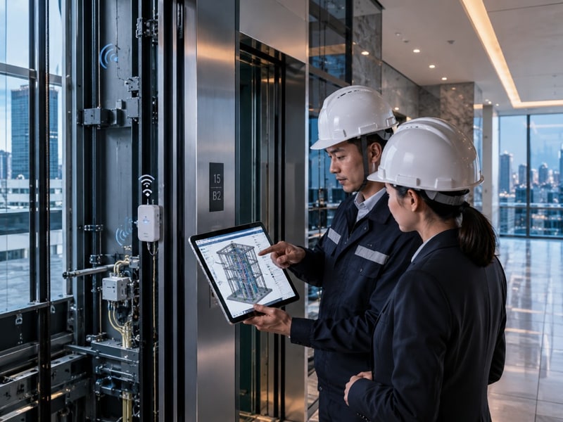 電梯工程師在現場使用平板檢視電梯及 BIM 模型
